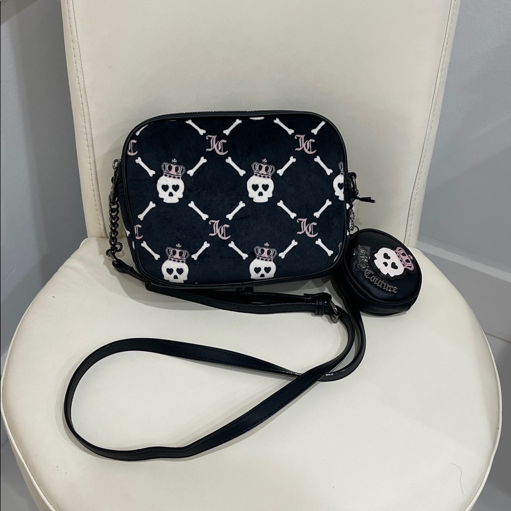 Juicy Couture Black/Pink/White Skull & Crossbones Haunted Couture Crossbody Bag